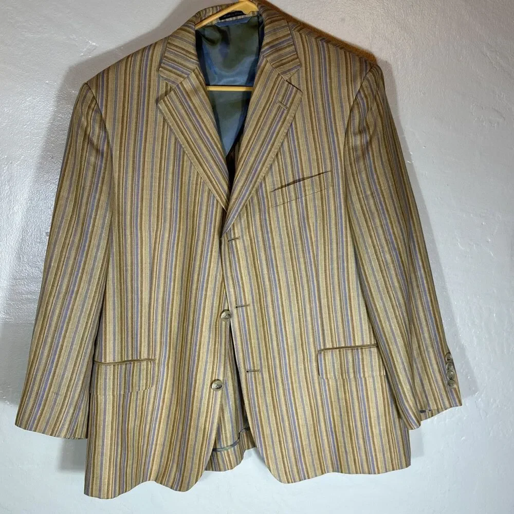 Ibiza 44R Linen And Wool Sport Jacket Golden Striped Blue Samba Mediterranean